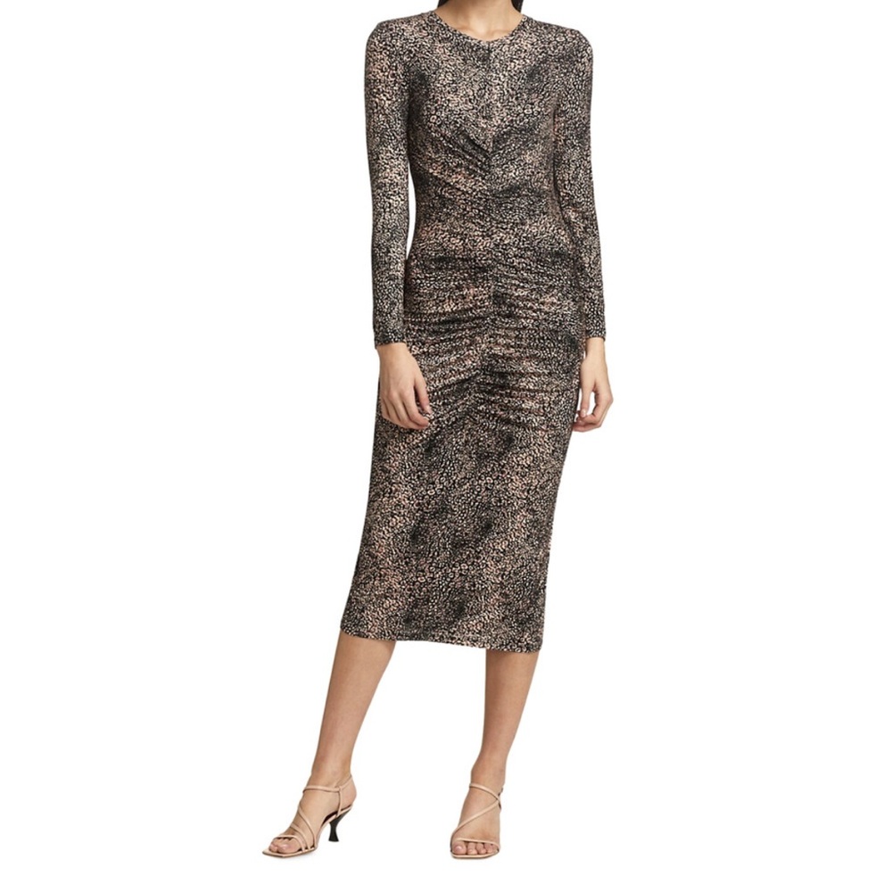 Joie‎ Aja Leopard Print Long Sleeve Ruched Bodycon Midi Dress L